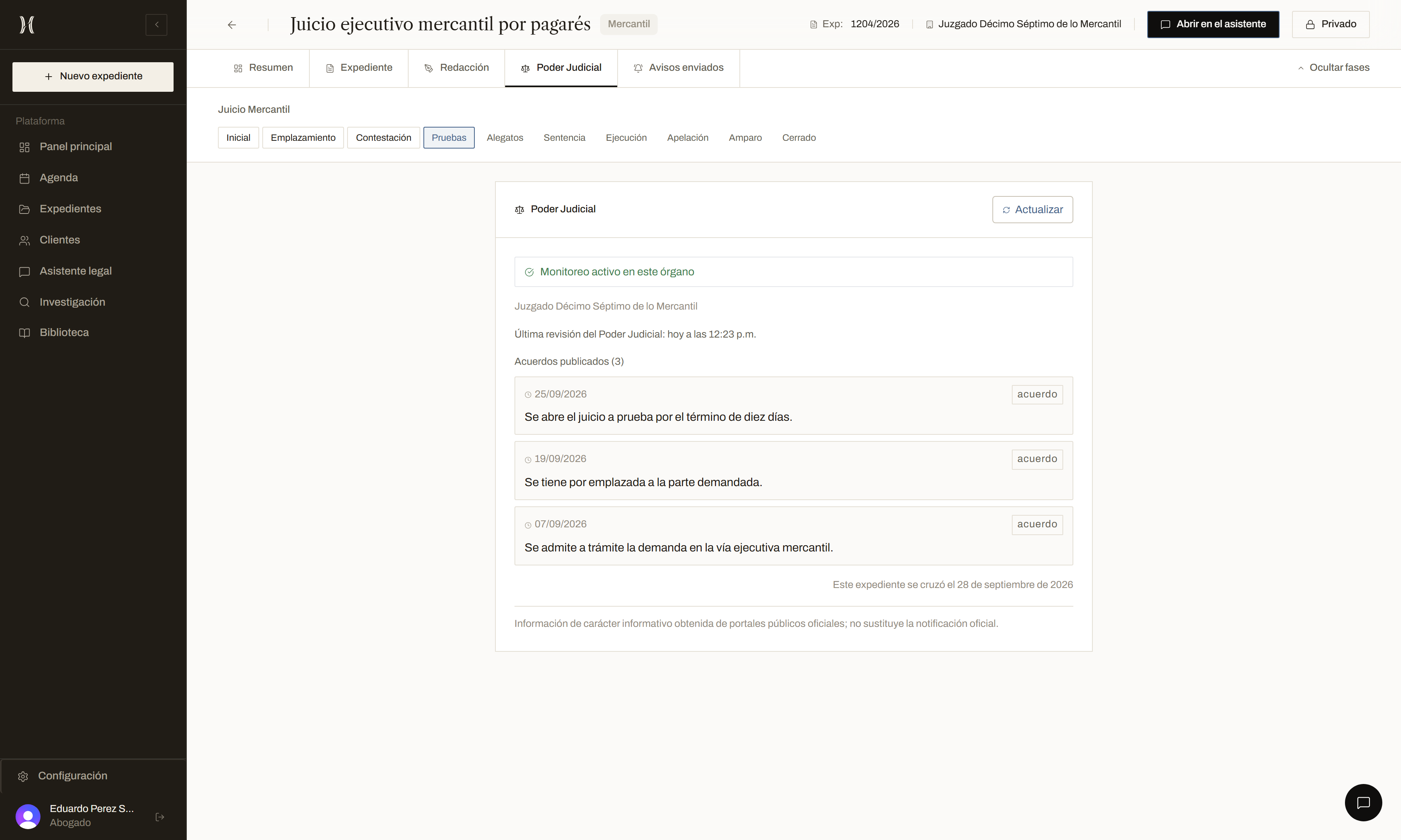Captura real de HEX: acuerdos del expediente de demostración 1204/2026, con su juzgado y la fecha de revisión.