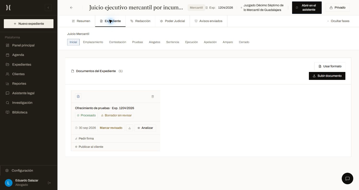 Bóveda del expediente 1204/2026 con dos documentos procesados y sus controles de revisión, análisis y publicación.