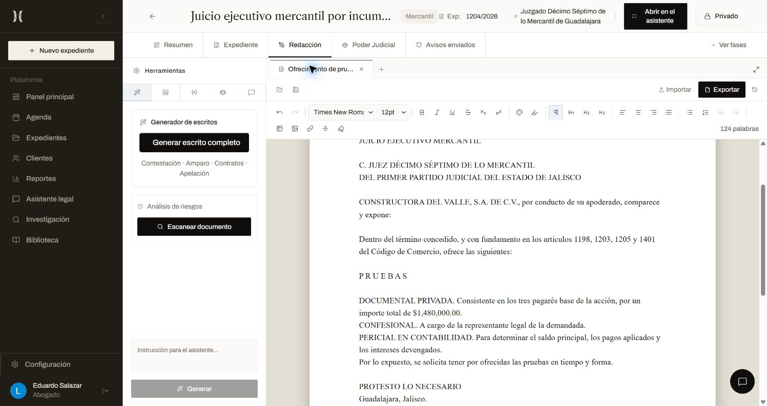 Editor de HEX con un escrito de ofrecimiento de pruebas abierto dentro del expediente 1204/2026.