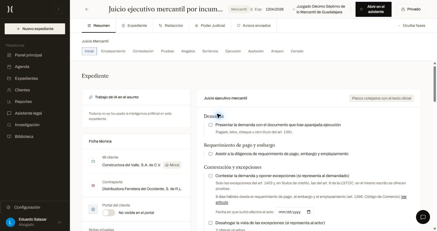 Captura real de HEX: ficha técnica, etapa procesal y bitácora del expediente de demostración.